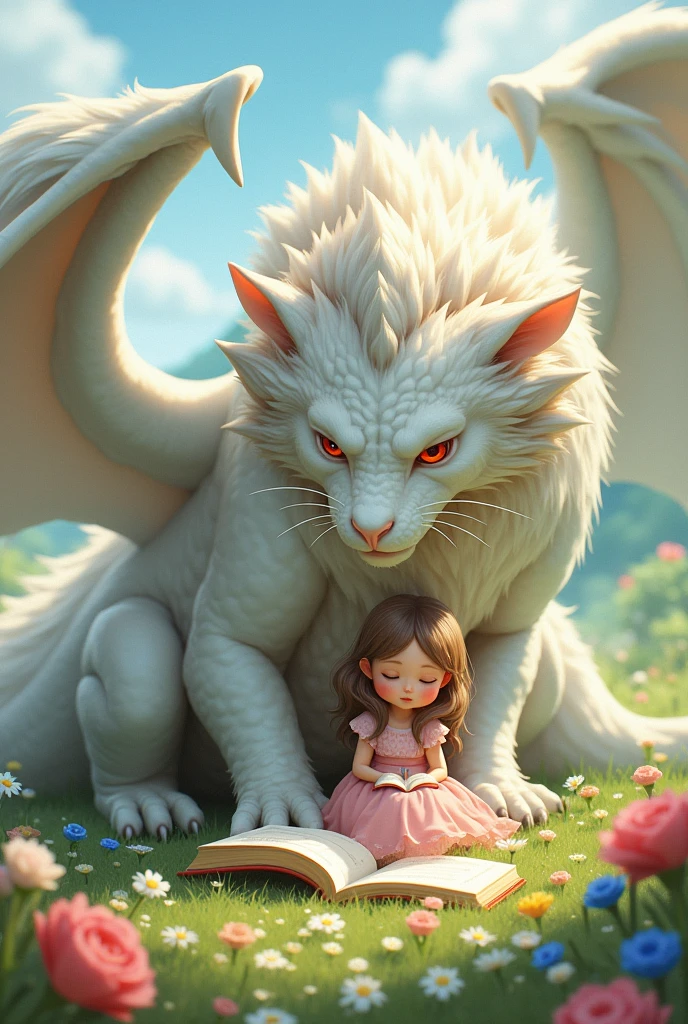 A huge dragon, winged by a little girl The dragon is white, has white bird wings, On his head he has lion fur and red eyes, has whiskers like a cat. 
They are in a beautiful landscape full of flowers and the  is reading a book while the dragon takes care of her..
The girl has a pink dress and her hair is loose., He has light brown hair