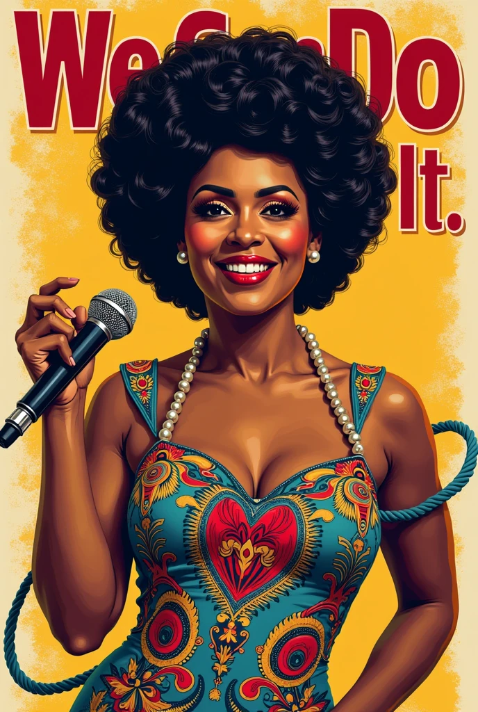 Make a picture of Celia Cruz at 40 years old from the torso up in poster style "We Can Do It".