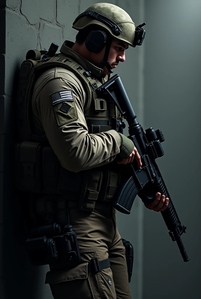 Wallpaper of a soldier with an M4 in full Hd. Special forces soldier standing sideways to a wall. dark theme 