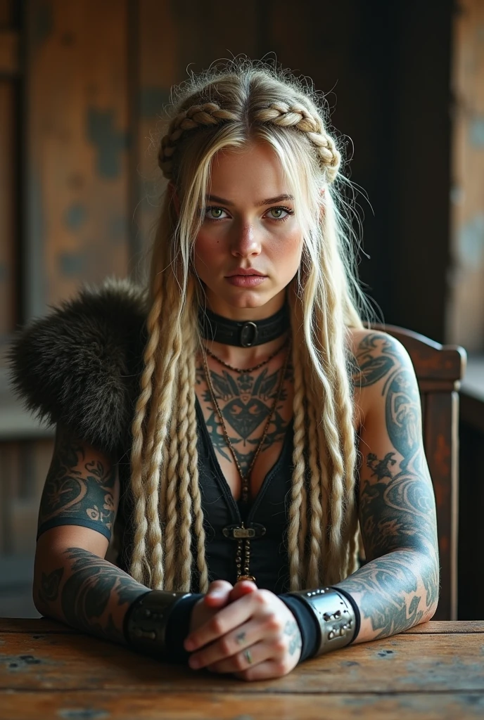 Photorealistic, Photo of a girl characterized by her long blonde hair with dreadlocks, honey colored eyes, beautiful face and impressive, full body, attire of a Viking warrior, intricately adorned with a collection of tattoos that reflect her connection with the raw and powerful metalcore. Explore her distinctive fashion choices and how her tattoos contribute to her overall rebellious and fearless aura. Dive deep into the details to bring this bold, metalcore-inspired character to life, background is the table in a Viking longhouse