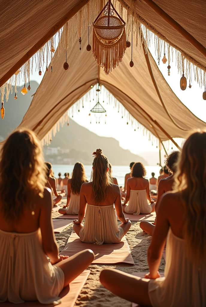 Create a Boho Chic Yoga Festival Look with a Huge Bamboo Tent and Stage . off white with crystals , dream catchers, croches, prisms at Aterro do Flamengo Rj with people inside the tent. Facing Guanabara Bay for 200 people inside the tent. Have a bigger vision of space