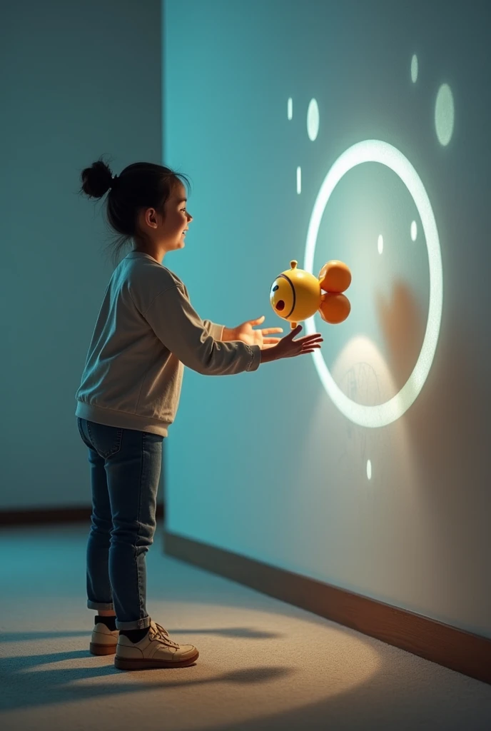 person holding an imaginary object with his hands. But his hands are empty he is pointing the toy at the wall. as if it were a projector. The light is circular and he looks happy.. he is away from the wall