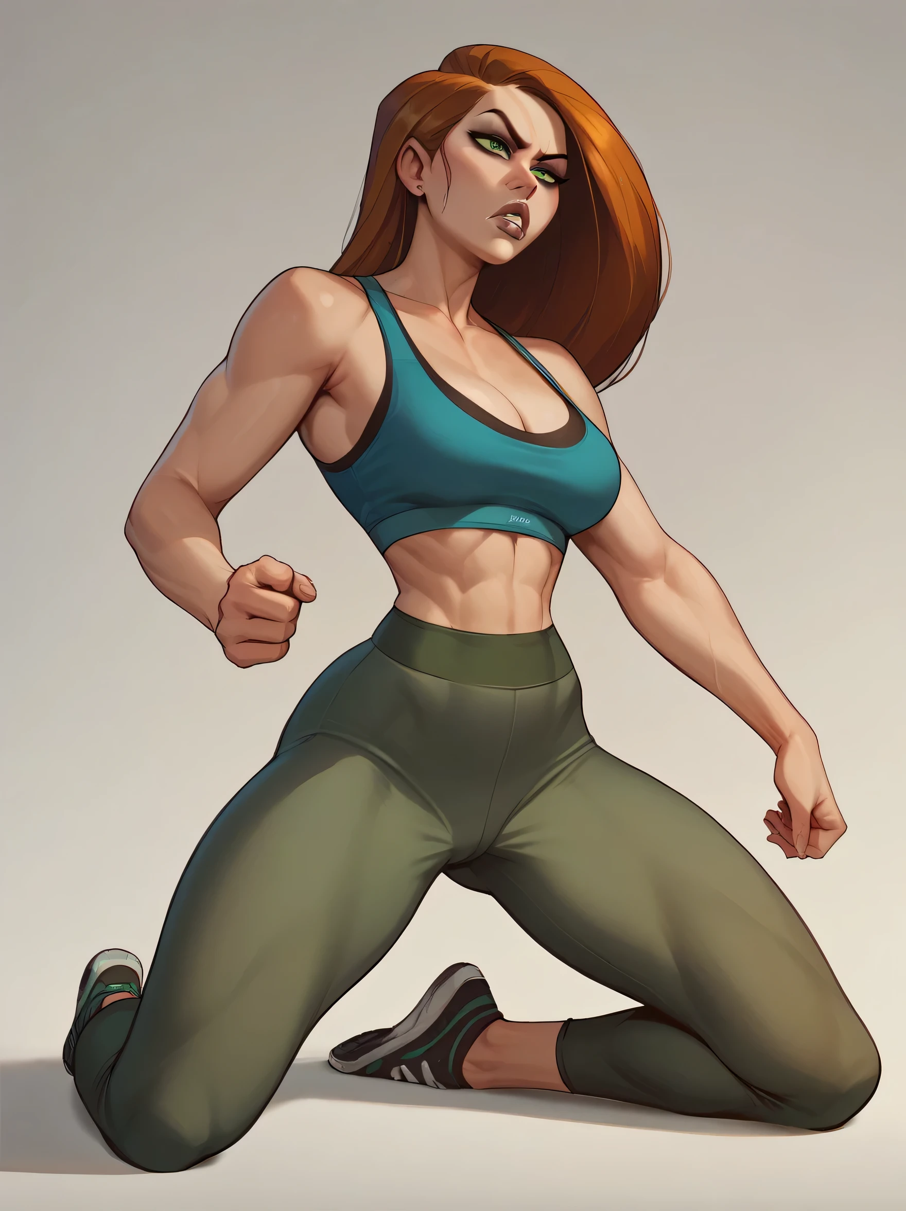 score_9, score_8_up,score_7_up, score_6_up, score_5_up, score_4_up, woman, best quality, highres, full body shot, solo, beautiful, makeup, soft lips, kim possible, serious, large cleavage, yoga pants, sport bra, fight position