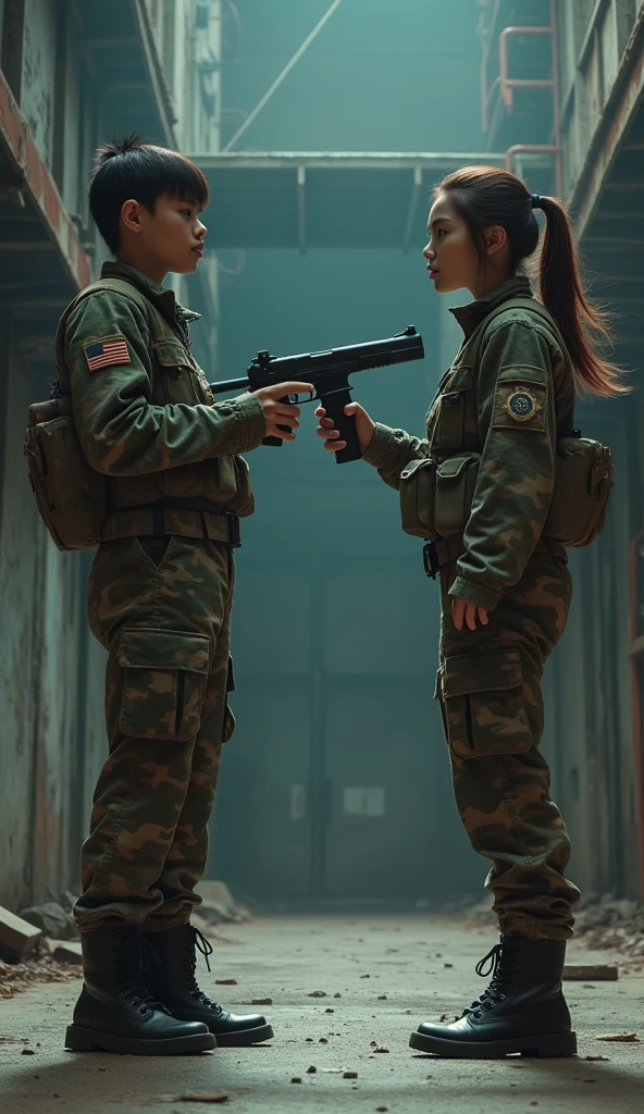 Jennie from blackpink wearing a military outfit carrying a gun and pointing it at lisa from blackpink 