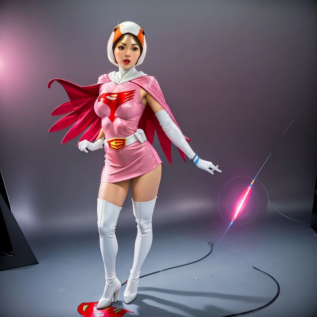 ANI_CLASSIC_jun_gatchaman_ownwaifu,1 girl, 18 years old, good anatomy, masterpiece, best quality, realistic, hyper realistic, 16k hdr, long hair, breasts, green eyes, lips, big breasts, lipstick, makeup, gloves, cape, helmet, belt, elbow-length gloves, white gloves, mask, ultra miniskirt, leotard, space suit, white tights, pink dress, superhero, jumpsuit, cleavage, (sexy pose, from below: 1.2), (open legs: 1.1), sweat, smile , sit , spaceship,