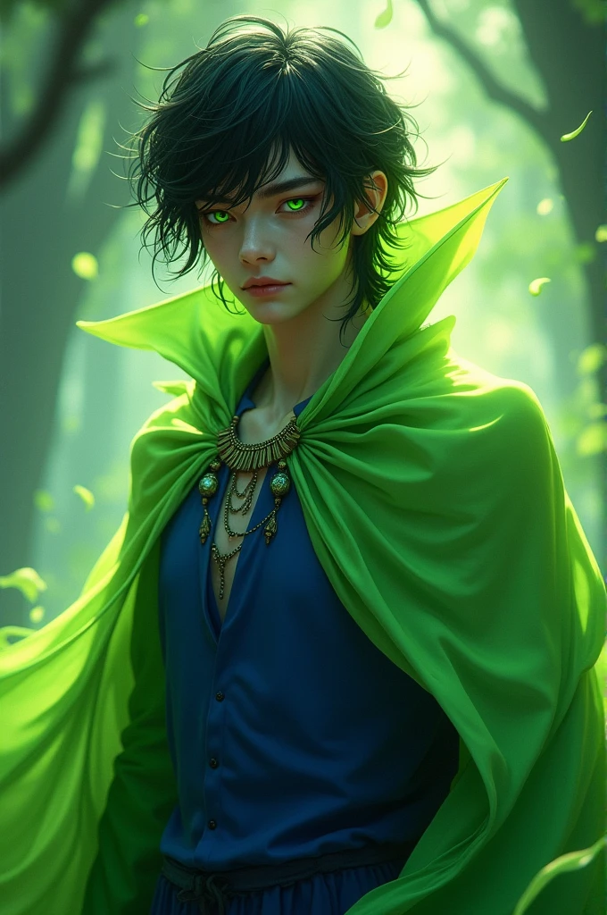 A male character with slightly long black hair and yellow highlights, green eyes, a fluorescent green cape and a royal blue shirt.
