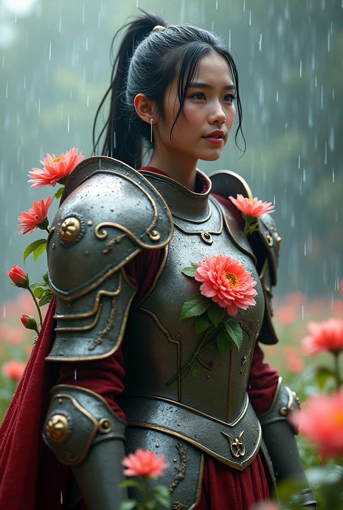  A warrior in armor adorned with flowers and raindrops, with a rainy but cheerful background.