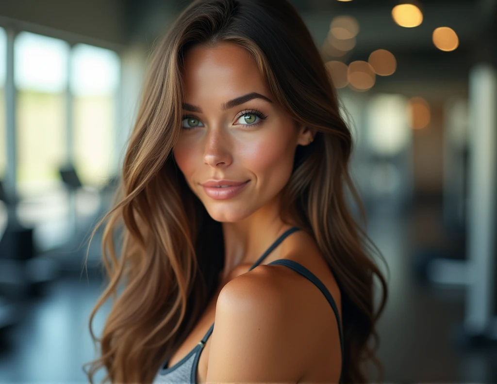 belle fille aux cheveux longs et ondulés, yeux verts, cheveux bruns.  Elle a la peau bronzée et est mignonne. photo mannequin . Ultra réaliste. 4k, fait du sport dans une salle de sport
 