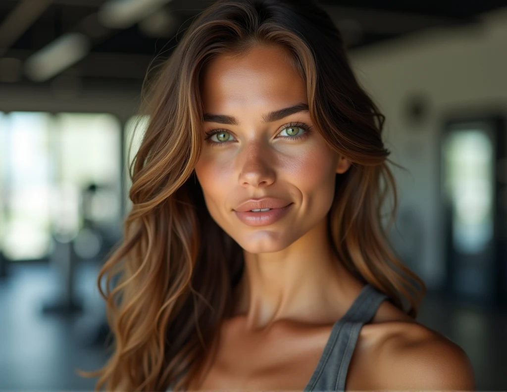 belle fille aux cheveux longs et ondulés, yeux verts, cheveux bruns. Elle a la peau bronzée et est mignonne. photo mannequin . Ultra réaliste. 4k, fait du sport dans une salle de sport
