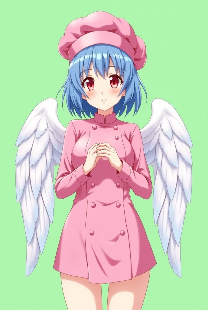 Female chef between 18 and 20 years old with angel wings, with a pink long-sleeved uniform and a chef's hat of the same color, 2D anime style with pastel colors, short blue hair, Red eyes ,with a happy expression, on a completely green and flat background