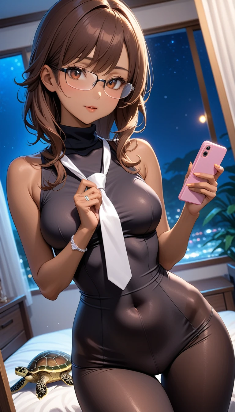 Beautiful 47y old woman with short undercut dark brown orange hair, layered hair, with brown eyes, wearing ((Tight Black Low-Rise Leggings)), ((Sexy Turtle Neck Sleeveless Dark Red Blouse)), ((Black Jacket)), ((White Tie)), ((Frameless Glasses)), ((Wedding Ring)), standing in her bedroom at night, holding her cellphone, (dark-tanned skin), (light brown lipstick), (elegant mascara), (slim body), (small breasts), (wide hips), endjourney, <lora:GoodHands-, <lora:GoodLegs-, UHD, high resolution, (masterpiece:1.9, best quality), (expressive eyes, perfect face, full body, expressive face, perfect body, perfect pussy, athletic, fit, slim body, blushing, Perfect makeup, eyeliner, beautiful eyelashes, smiling, horny face), ((best illumination, best shadows)), ((sexy pose)), score_9_up, score_8_up, score_7_up