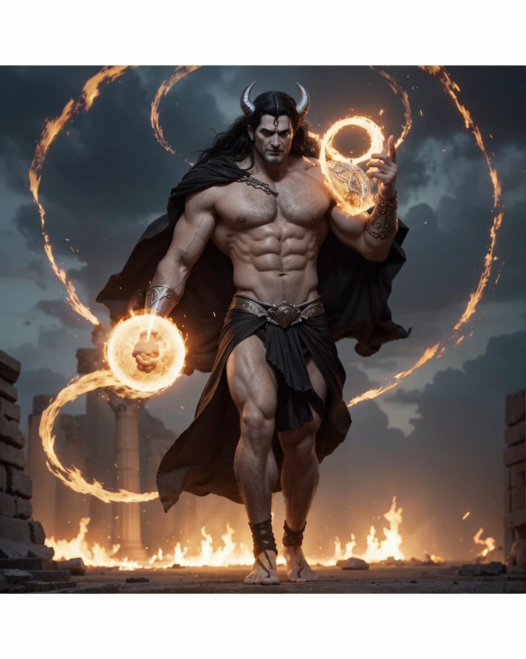 Hades Lord of the underworld Greek mythology very , physically perfect body muscular body frame full bodyshot very tall height man, surrounded an ancient Greek ruins fire around it