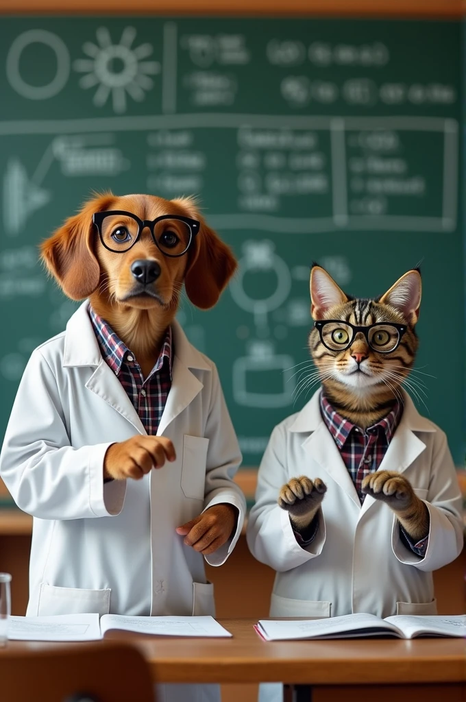 A photo of a nerdy dog and a nerdy cat presenting about Zoonoses 