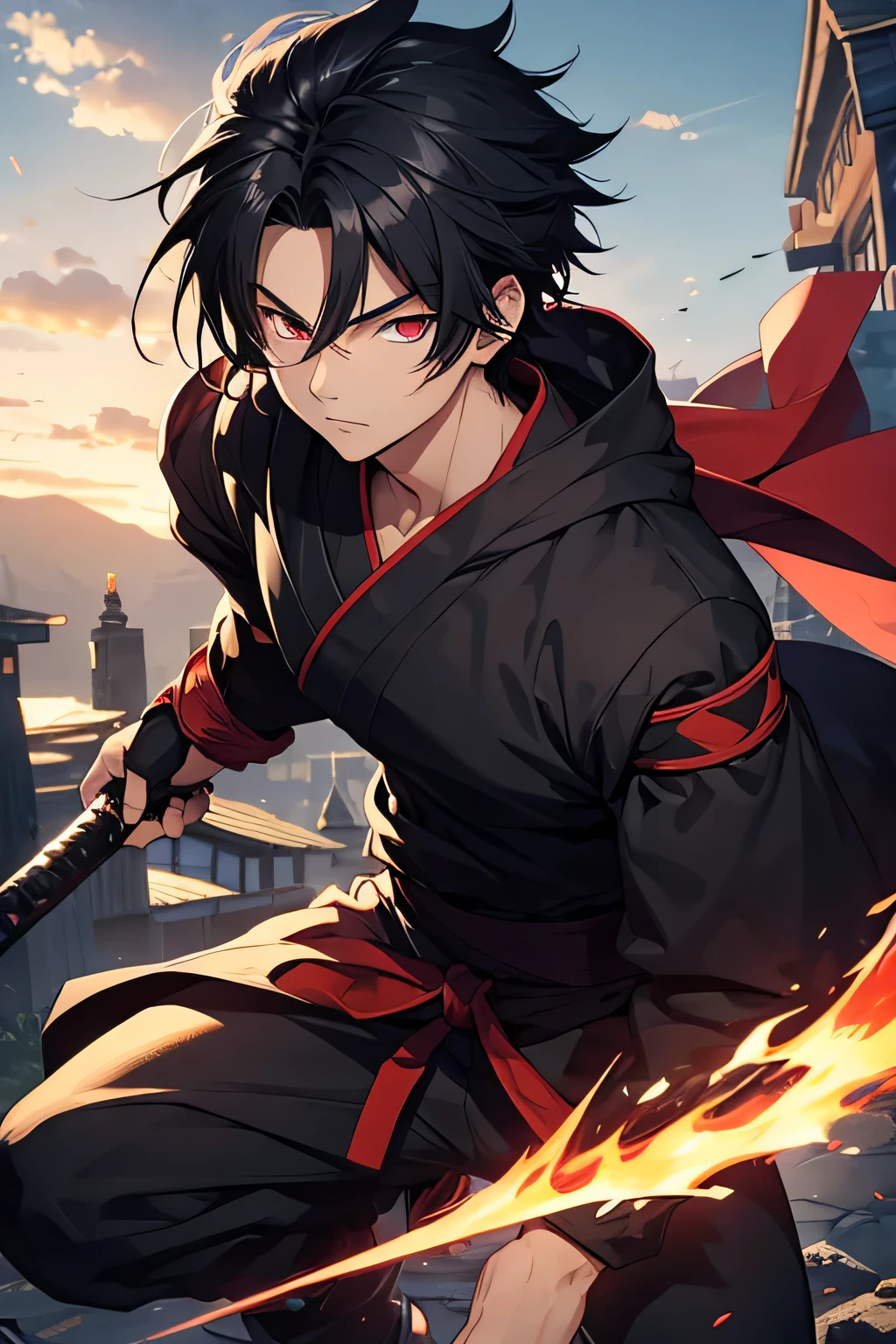 20-year-old male, cloud village ninja, black hair, Eyes red, stark, monge