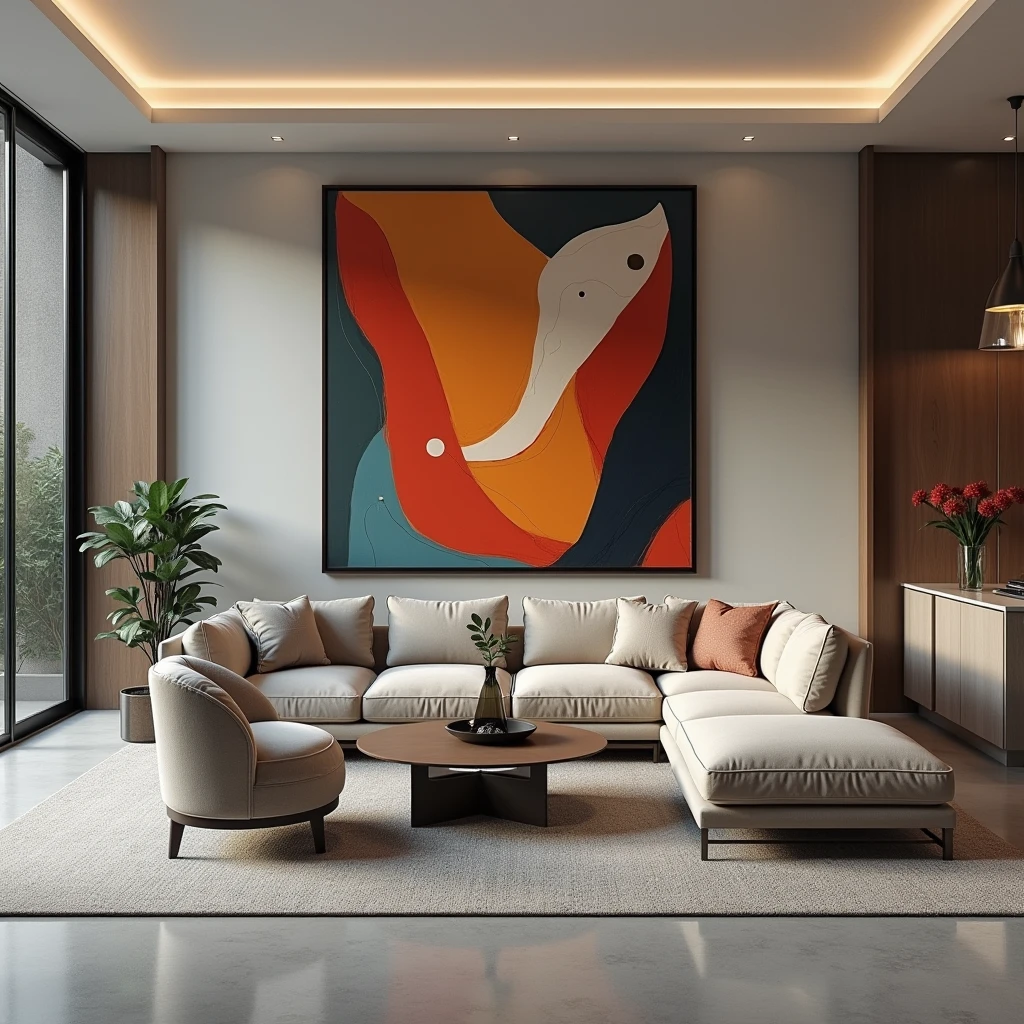 Interior design ,modernist living and dining room , work of art ,gray matte floor ,ultra realisitic , 4K , render ultra realisitic