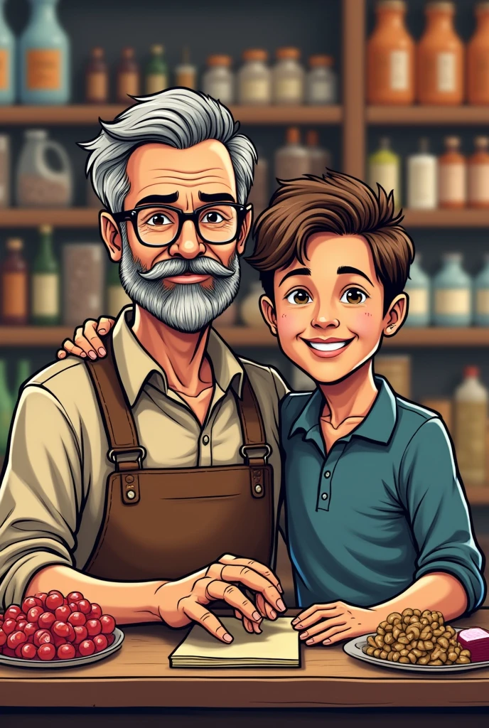 Logo for market, with the name of Cardoso & Blue, that demonstrates the love and trust between two generations of father with a mustache, glasses, side-swept hair, medium gray brown color, e Caucasian skin, and male child, grown-up,sem glasses, Caucasian skin, with a well-trimmed beard, and brown hair, and in the background a market with food, drinks, candies, and cleaning products.