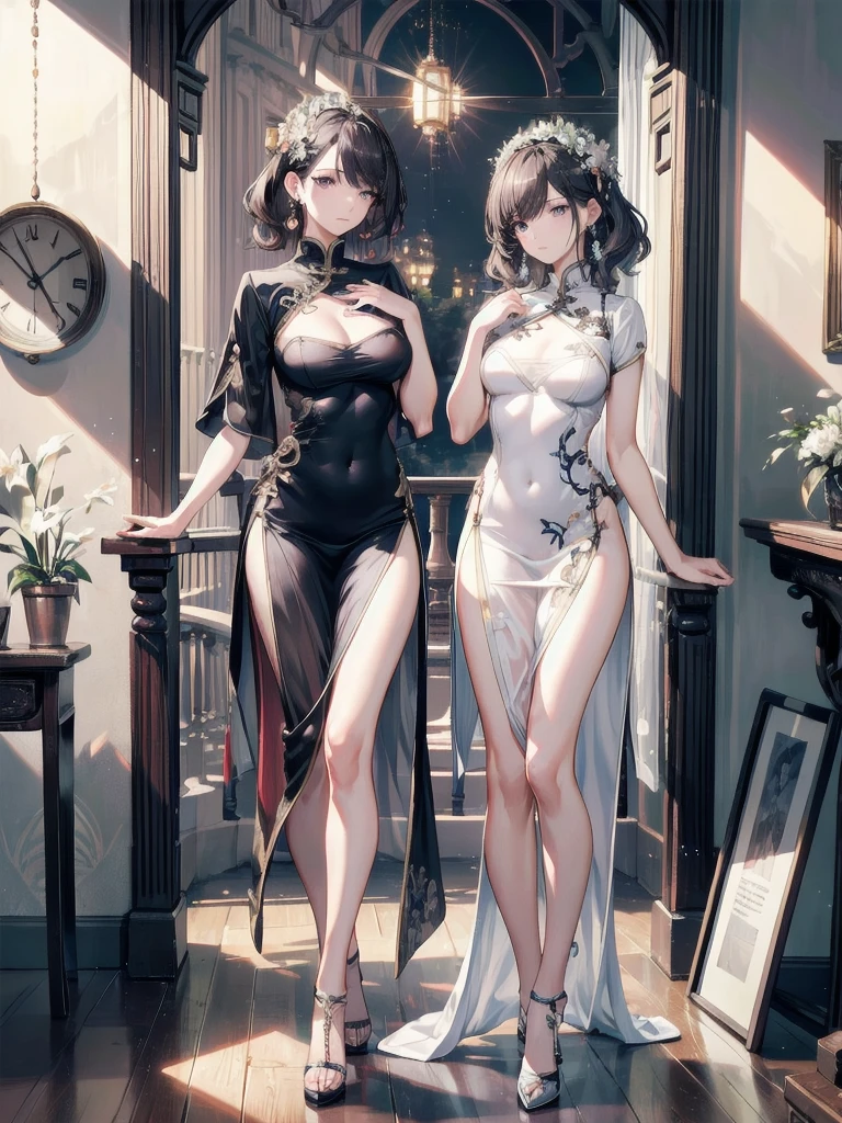 absurdres, RAW photo, extremely delicate and beautiful, masterpiece, Highest Quality, ultra high resolution, 32k, hyperrealistic, realistic, photorealistic, photo-realistic, Real, ultra-detailed, Very detailed CG 8k wallpaper, detailed background, landscape, Beautiful Lighting, Perfect Lightning, Realistic Shadows, perfect ???????, anatomically correct, ideal ratio body proportions, perfect figure, Perfect Style, Perfect balance, super Detailed skin, 20 years old, very Slim body, narrow waist, very small head, very small face, delicate facial features, handsome detailed woman, very detailed eyes and face, realistic face proportions, Realistic beautiful face, Realistic beautiful eyes, tearful mole, earring, very huge round ????, medium hair, asymmetrical hair, wavy hair, leg, thigh, knee, jewelry, skirt, hair adornments, Chinese clothes, sheer transparent clothes,