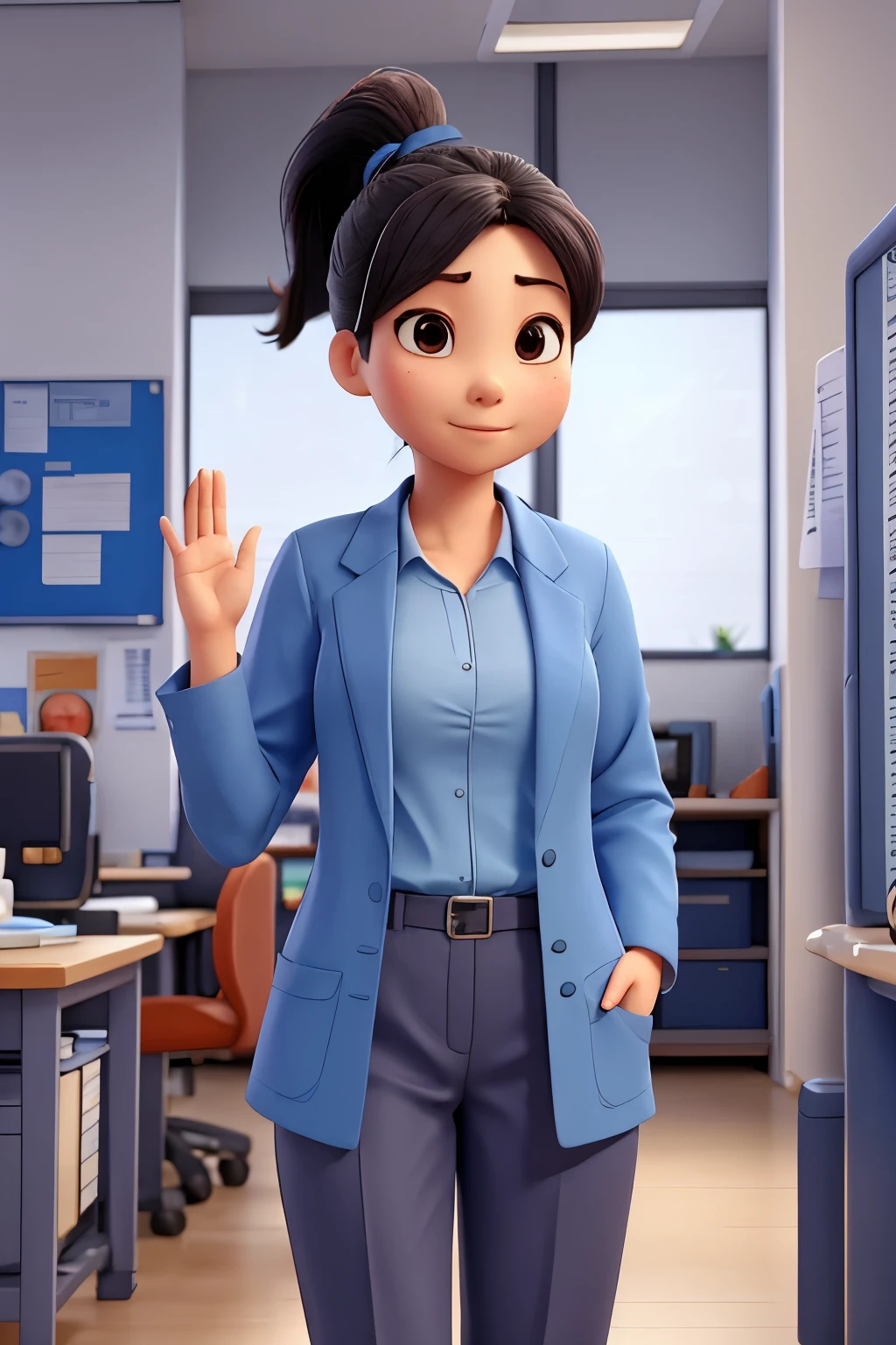 Asian woman, ponytail hair, blue office coat, Light blue shirt, navy blue office pants, standing up and waving his hand to the side as if giving direction