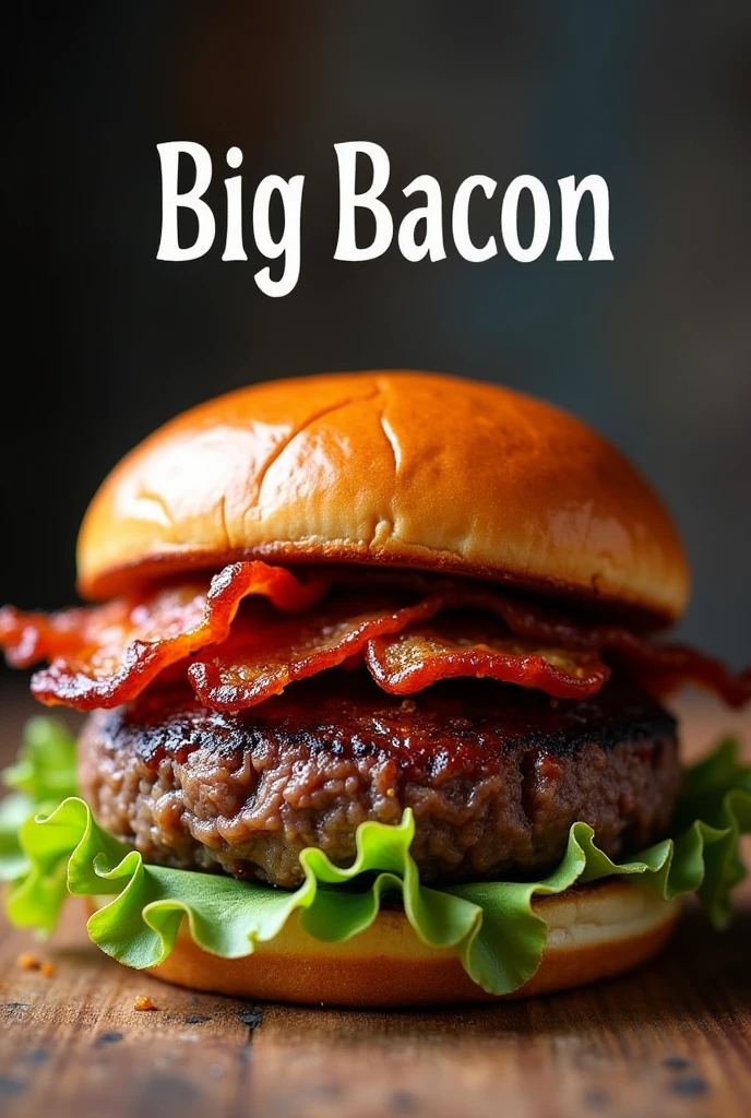 Create an image of a handmade burger with a burger without lettuce and with the name big bacon, on top of the image