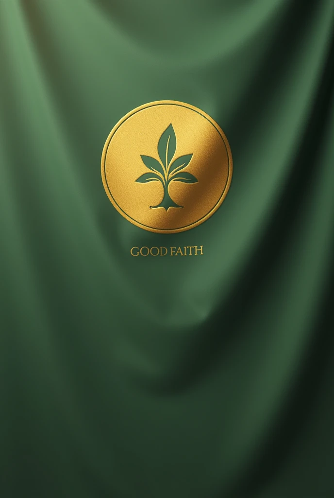 Create an olive green flag with a simple round gold coat of arms. With the name good faith and a seed symbol of a tree.