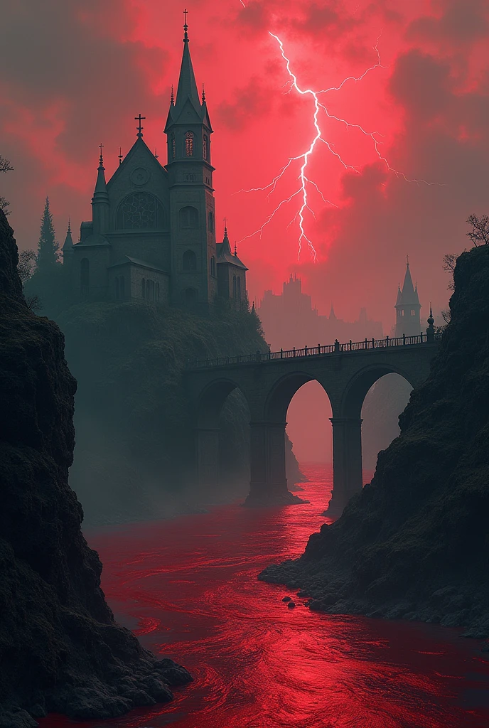 Hell scene, massive river of blood, old church on a hill, detailed bridge, Red lightning, old watchtowers