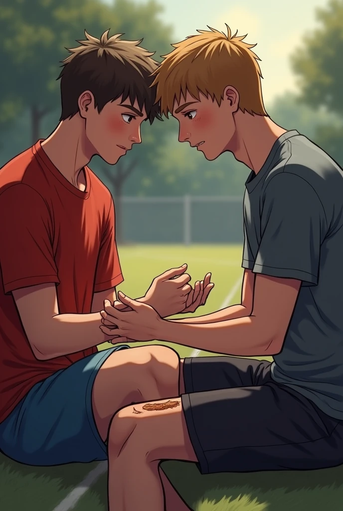 Two gays, one is sitting down and helping the other clean his wounds. They are both dating but in love. They are high school boys. They are in school and the big guy looks like an American football player. They are very thin and don't have a beard, but they are not very thin and have a little muscle......stop making pedophile images! They are both the same age and look the same, they are 1 and NEITHER OF THEM HAS EVEN A LITTLE BIT OF A BEARD AND THEY ARE PRACTICALLY THE SAME SIZE, they are the same size and age, they both have all their clothes on.