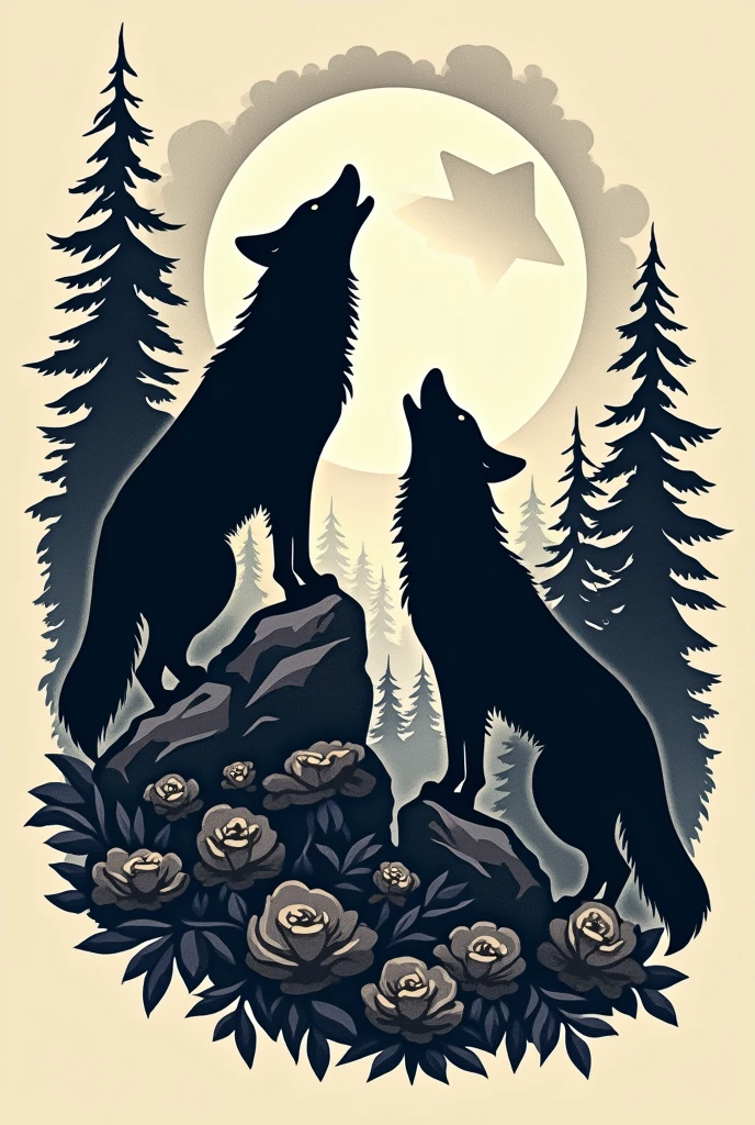 stencil for tattoo of two wolves on a rock in the middle of the forest howling at the moon, no flowers appear and the moon has to be far from the wolves