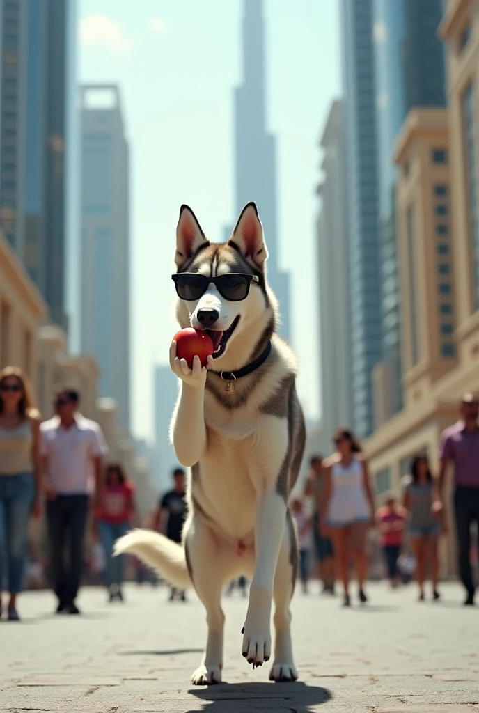 I want a dog walking like a human, eating an apple while looking at his cell phone, I want to see a city like Dubai in the background with giant buildings.. The dog is a husky and is happy., with sunglasses, I want more people in the background seeing it with great impression,