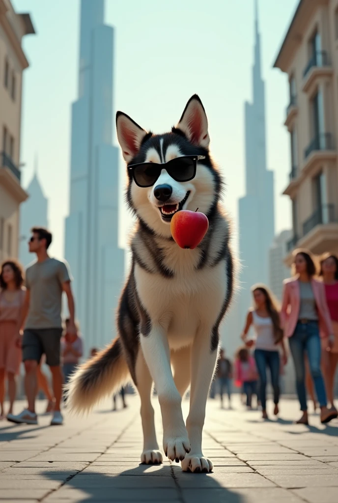 I want a dog walking like a human, eating an apple while looking at his cell phone, I want to see a city like Dubai in the background with giant buildings.. The dog is a husky and is happy., with sunglasses, I want more people in the background seeing it with great impression, 