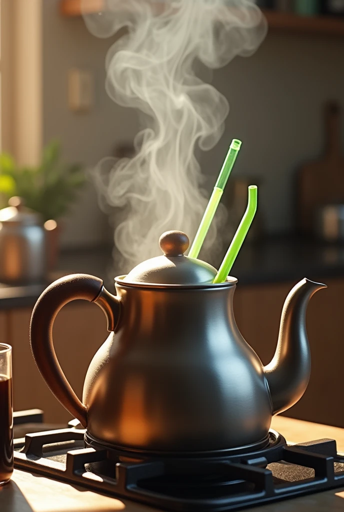 A boiling kettle with a plastic straw inside
