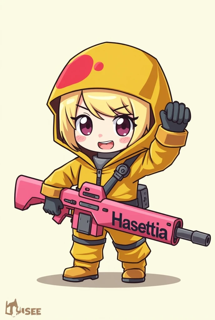 DESSIN VERSION CHIBI D UN PERSONAGE FILLE AU CHEVEUX BLOND DU JEUX VIDEO RUST EN HAZMAT QUI EST ROUGE SUR LA TETE ET JAUNE SUR LE CORT LA CAPUCHE EST CARRE AVEC UNE AK ROSE AEC ECRIT HAESTIA DESSUS
DANS UNE MAINS ET DANS L4AUTRE ELLE LEVE LA VISIERE DE SON HAZMAT