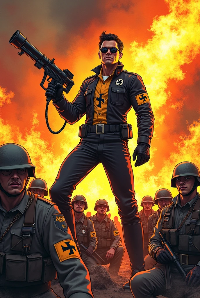 A picture of a 60s comic book style hero burning Nazi soldiers with a flamethrower like in Tarantino. The burning soldiers must be visible and wear a swastika armband. The soldiers should wear a steel helmet in the style of the Wehrmacht. The hero should be recognizable as an anti-fascist and not wear a swastika.