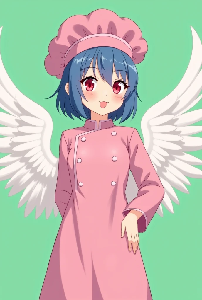 Female chef between 18 and 20 years old with angel wings, with a pink long-sleeved uniform and a chef's hat of the same color, 2D anime style with pastel colors, short blue hair, Red eyes ,with a happy expression, on a completely green and flat background