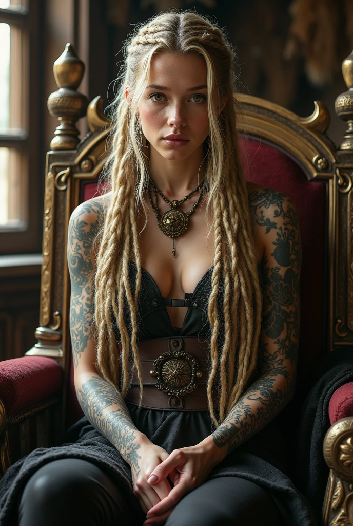 Photorealistic, Photo of a girl characterized by her long blonde hair with dreadlocks, honey colored eyes, beautiful face and impressive, full body, attire of a Viking warrior, intricately adorned with a collection of tattoos that reflect her connection with the raw and powerful metalcore. Explore her distinctive fashion choices and how her tattoos contribute to her overall rebellious and fearless aura. Dive deep into the details to bring this bold, metalcore-inspired character to life,she sits on the throne in a viking house