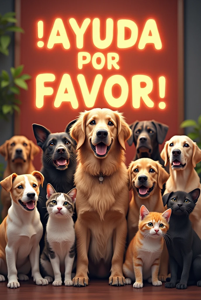 an image that has dogs and cats that says in big letters help please in Spanish