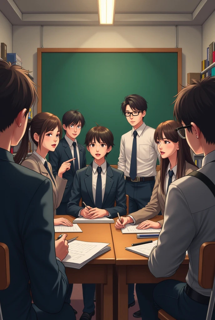 a class room, where students are dressed formally, focusing on the students talking 
