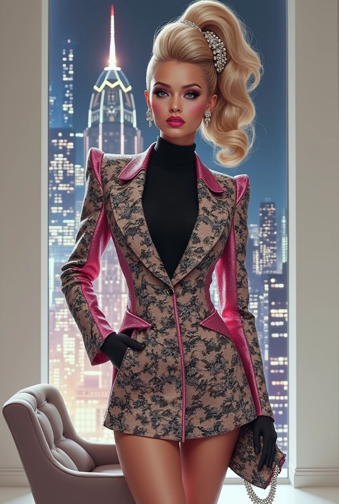 A beautiful blonde woman in her early twenties, dressed elegantly for a fashion photograph shoot. The photograph is highly detailed and shot with an 8k resolution, ensuring every curve and pore is intricately rendered. Her attire consists of a light gray sash that accentuates her figure, while trendy streetwear peeks out from beneath the sl Balance. Order: blossom-