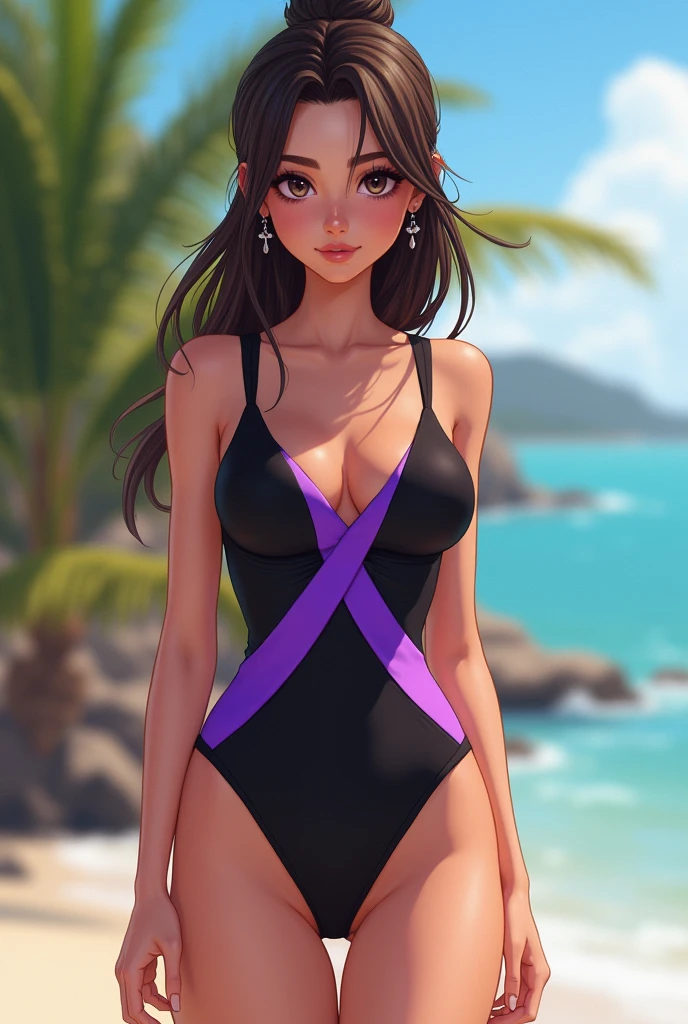 The Girl Dressed In Her Black And Violet Swimsuit With Thin Straps And A Round Neckline And Her Very Flat And Very Pretty Stomach 