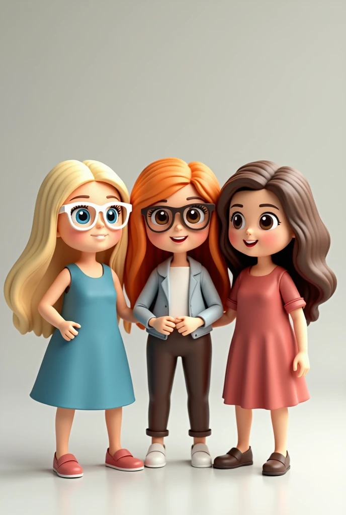 Create three dolls together bitmoji style, there are three teachers, only the blonde-haired teacher has blue eyes, the other two are brown eyes, all three teachers are white and happy. The blonde teacher with blue eyes wears white-framed glasses, her long hair, Blonde and smooth. The teacher with dark brown hair is white,  your hair is medium and straight, she is very elegant and haughty. The teacher who has wavy reddish brown hair is very white and looks like a porcelain doll., has a sweet air, sweet and casual. 