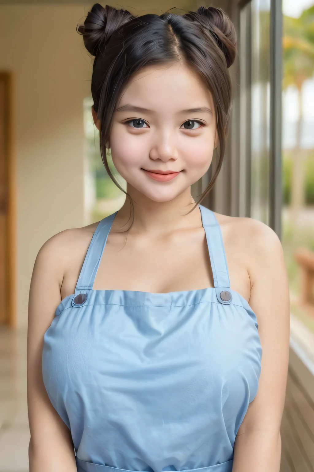 adorable, 1 girl, (face to face), , baby face, happy, medium portrait, (face details: 1), (eye details:1), ((naked big breasts)). wearing transparent transparency mini apron, .. Cute posed. proportional body. Ultra High Res. realistic: 1.4, UHD, poke a bun Hairstyle , lace 