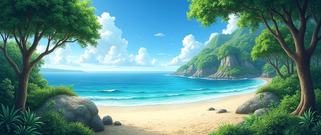 landscape of an ocean, inspired by a sandy coast and on the other side a garden with big trees, a4 landscape size