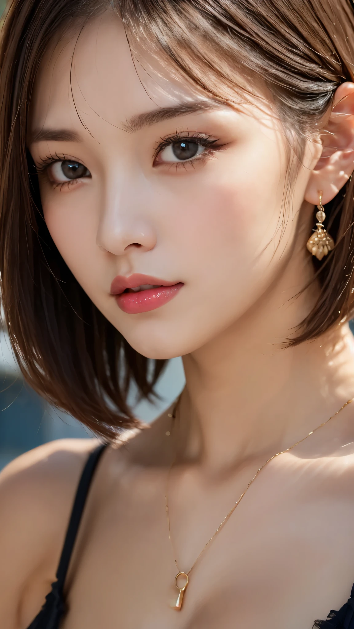 (Photorealistic, 32k, RAW photo, best quality:1.4), (masterpiece:1.3), (ultra high resolution, ultra realistic, highly detailed, golden ratio, ultra detailed), 1 beautiful woman, natural makeup, intricate cloth texture, finely detailed hair texture, beautiful full-body, perfect female form, anatomically accurate, highly detailed face and skin, (elegant hands), (realistic skin), (beautiful pale skin:1.1), (face on focus, extreme close-up:2.0), (Oversized Breasts, generous cleavage1.3), (Wearing Blue Slip Dress:1.5), (Earrings, Pendant), 
BREAK,
realistic eyes, captivating detailed eyes, symmetric eyes, light brown eyes, double eyelids, thin eyebrows, (glossy lips:1.4), (face waiting for kiss, blush:1.3), 
BREAK,
((short bob cut, dark brown hair, bangs:1.2)), (Moonlit night, terrace:1.3)