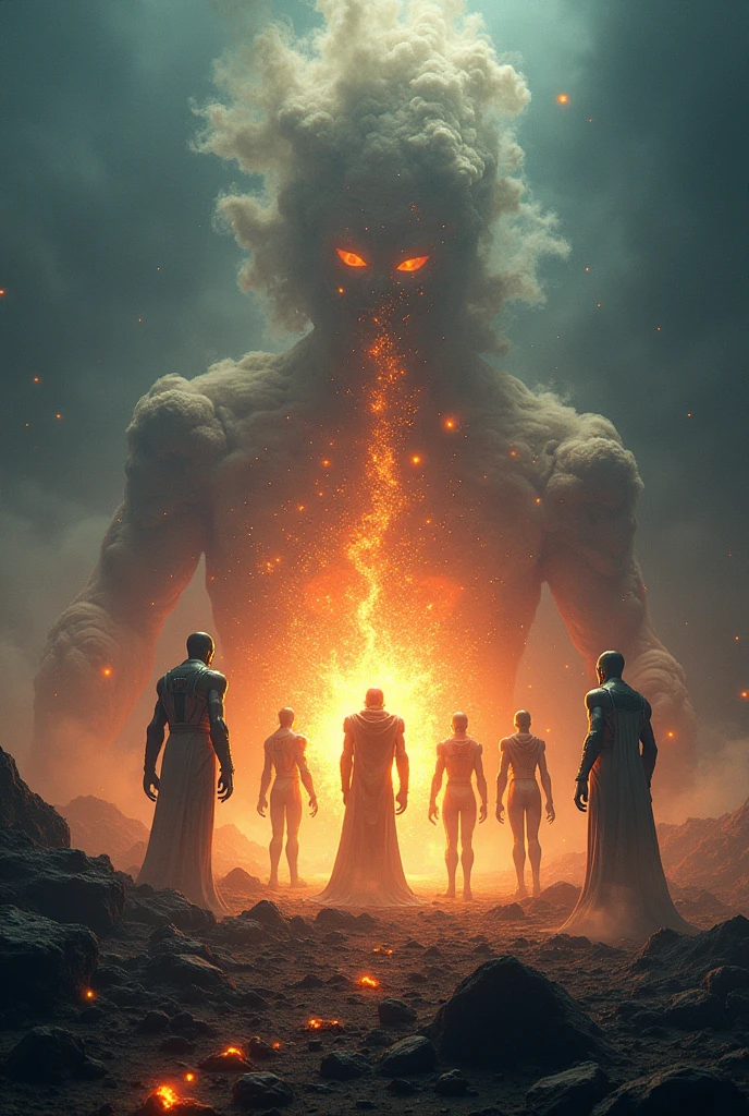 Prompt: Molecular Disorder begins to weaken, losing its strength as the Guardians restore order. The scene shows Molecular Disorder, a chaotic and smoky figure, diminishing in size and intensity. Surrounding it, the Guardians—Proton, Neutron, Electron, Catalyst, and Bond—work together, emitting bright, stabilizing energy. Proton stands firmly, radiating a protective glow, while Electron sends controlled sparks to reorganize electrons. Neutron provides balance with a calm, steady presence. In the background, Catalyst accelerates positive reactions, and Bond repairs broken molecular bonds, bringing stability to the scene.