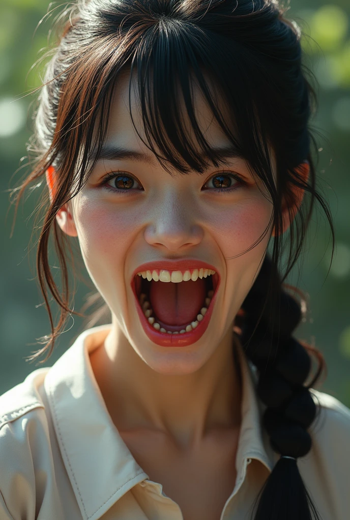 Japanese、woman、mouth、is open、Big fangs、Brown Hair、
1 person、laughing、Daytime、Red eyes、White skin、ponytail、Real、Double、Big eyes