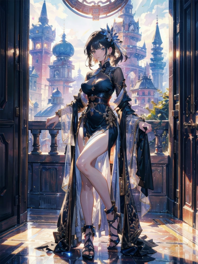 absurdres, RAW photo, extremely delicate and beautiful, masterpiece, Highest Quality, ultra high resolution, 32k, hyperrealistic, realistic, photorealistic, photo-realistic, Real, ultra-detailed, Very detailed CG 8k wallpaper, detailed background, landscape, Beautiful Lighting, Perfect Lightning, Realistic Shadows, perfect ???????, anatomically correct, ideal ratio body proportions, perfect figure, Perfect Style, Perfect balance, super Detailed skin, 20 years old, very Slim body, narrow waist, very small head, very small face, delicate facial features, handsome detailed woman, very detailed eyes and face, realistic face proportions, Realistic beautiful face, Realistic beautiful eyes, tearful mole, earring, very huge round tits, medium hair, asymmetrical hair, wavy hair, leg, thigh, knee, jewelry, skirt, hair adornments, Chinese clothes, sheer transparent clothes,