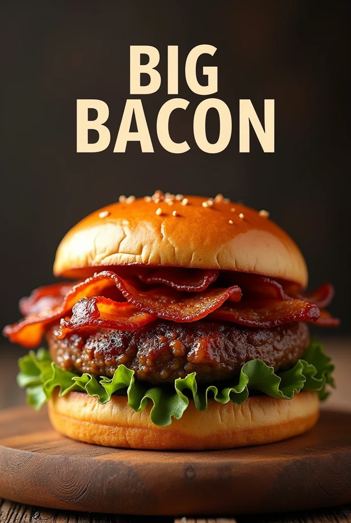 Create an image of a homemade burger without lettuce with a burger and the name big bacon, on top of the image
