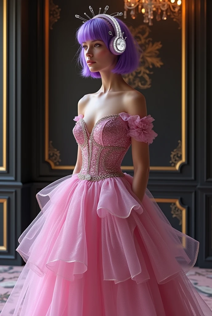 Korean purple hair butterfly woman in headset with transparent shiny shiny pink dress and shiny diamonds on headset full body The main scene: a ball with black walls chic with gold details princess outfit princess princess with korean headphones beautiful shiny princess dress