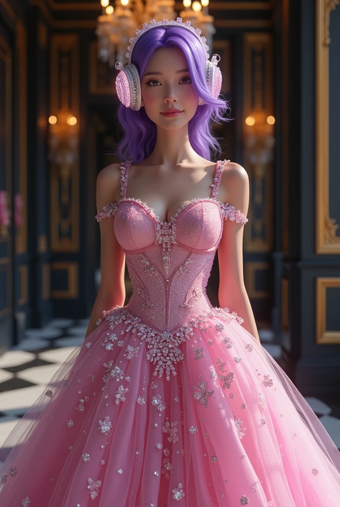 Korean purple hair butterfly woman in headset with transparent shiny shiny pink dress and shiny diamonds on headset full body The main scene: a ball with black walls chic with gold details princess outfit princess princess with korean headphones beautiful shiny princess dress