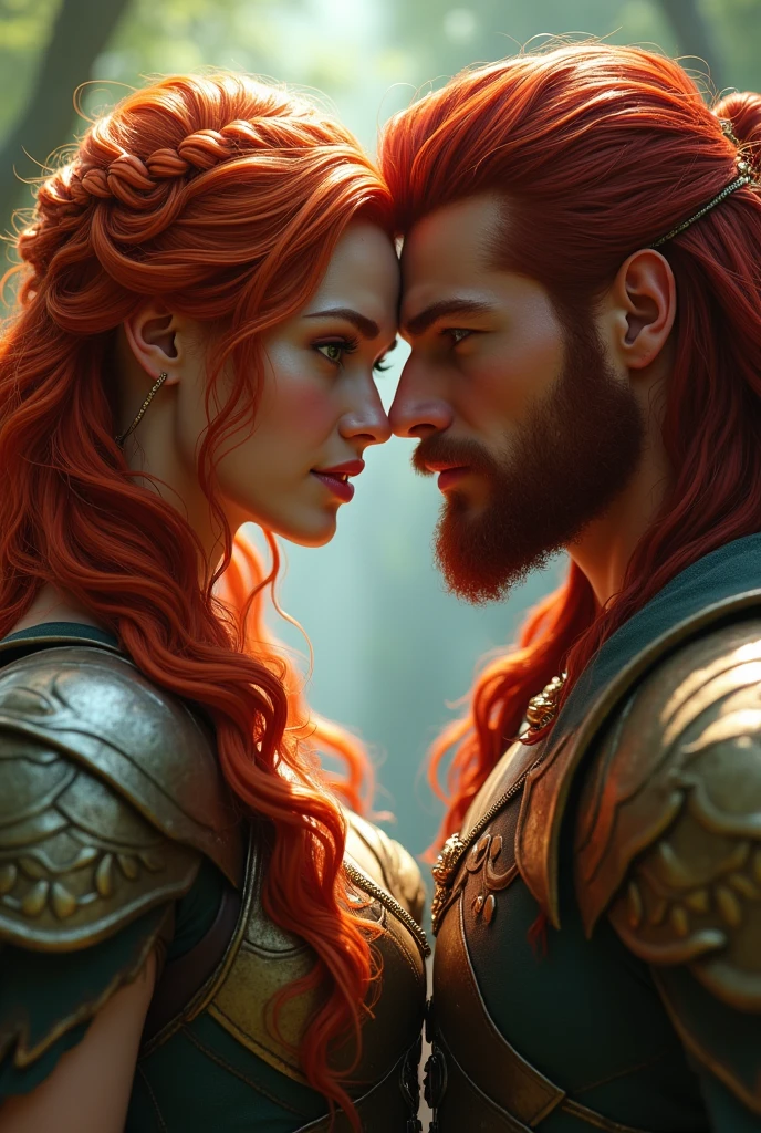 beautiful female warrior with red hair and green eyes, In a love triangle with two male warriors, one with long red hair and caramel skin looked at her lovingly, and another one with short blonde hair was seducing her, and she was confused, who wants this 