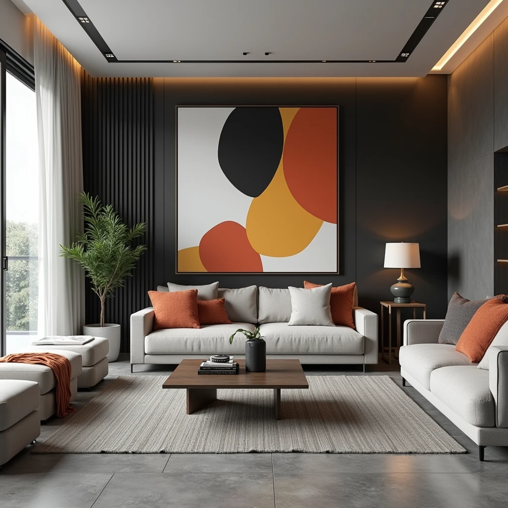 Interior design ,modernist living and dining room , work of art ,gray matte floor ,ultra realisitic , 4K , render ultra realisitic 
